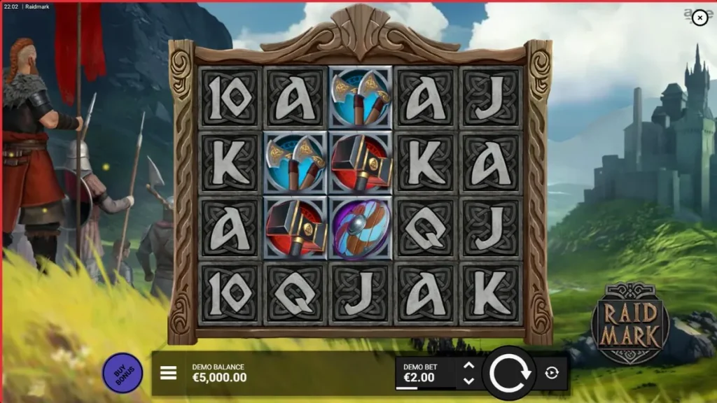 Tela de jogo do slot Raidmark com temática Viking e símbolos de runas.