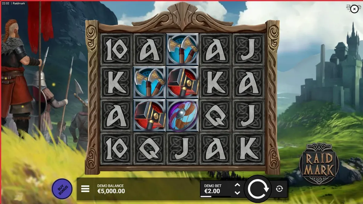 Tela de jogo do slot Raidmark com temática Viking e símbolos de runas.